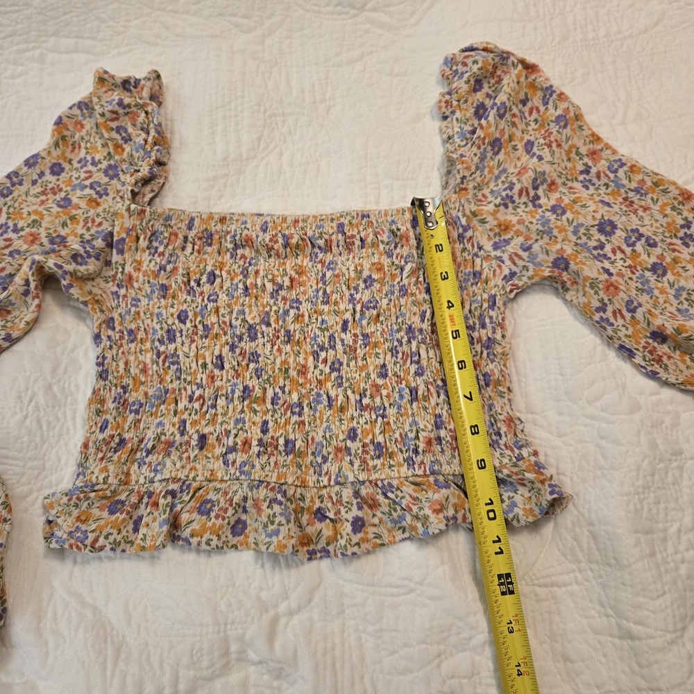 Bohme Smocked Crop Top Long Puff Sleeve Floral Pink Lavender Ivory Ruffle Large - Picture 13 of 14